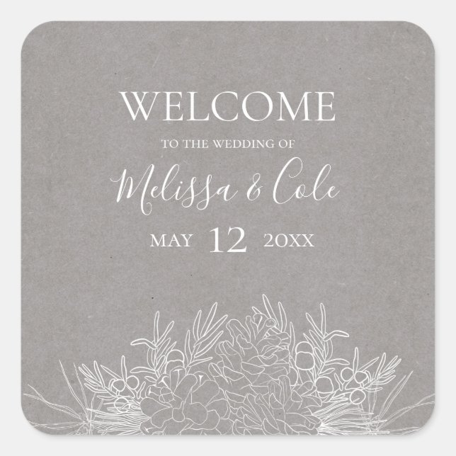 Rustic Winter | Grey Wedding Welcome Square Sticker (Front)