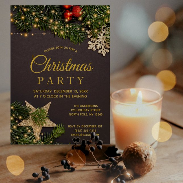 Rustic Winter Holiday Lights Christmas Party Invitation (Creator Uploaded)