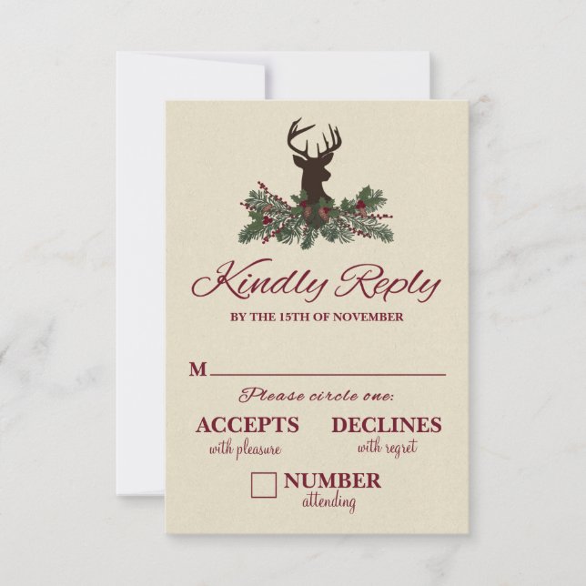 Rustic Winter Holiday Pine Wedding RSVP Card (Front)