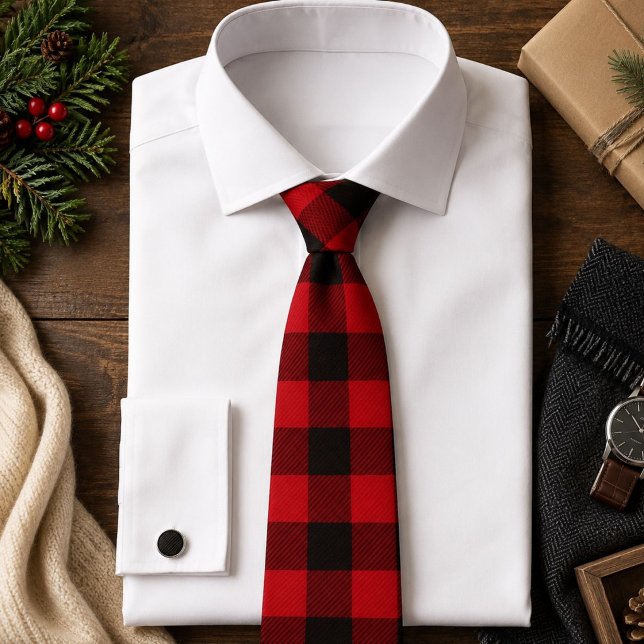 rustic winter holiday red black buffalo plaid tie (rustic winter holiday red black buffalo plaid neck tie)