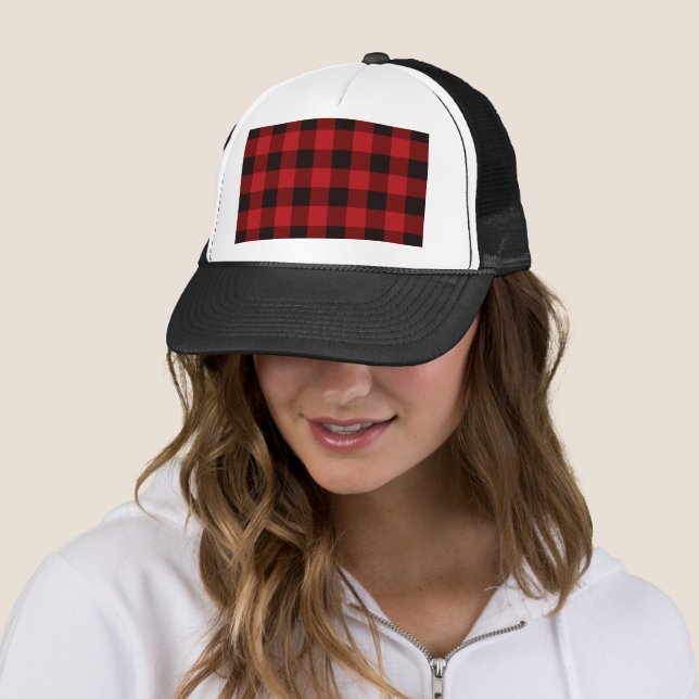 rustic winter holiday red black buffalo plaid trucker hat (In Situ)