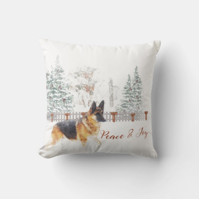 Rustic Winter Holiday Scene with German Shepherd Cushion (Front)