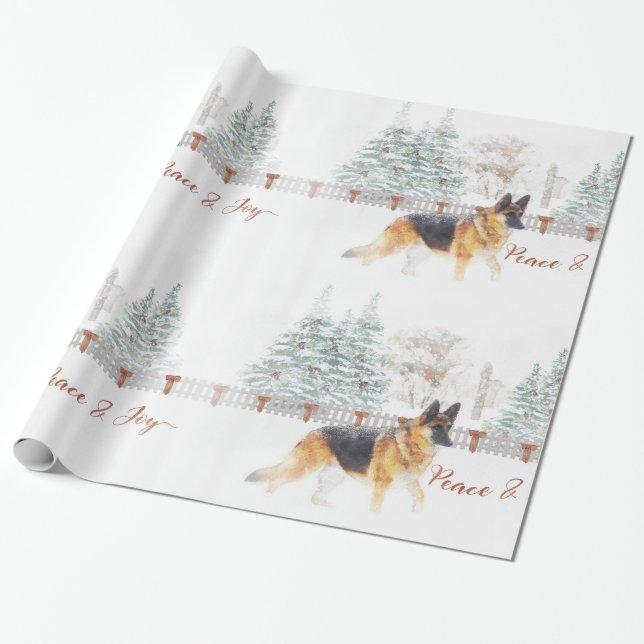 Rustic Winter Holiday Scene with German Shepherd Wrapping Paper (Unrolled)