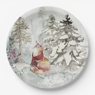 Rustic Winter Holiday Snow Scene with Fox Paper Plate