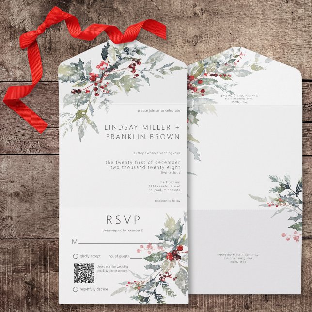 Rustic Winter Holly Berries & Snow QR Code All In One Invitation (Rustic Winter Holly Berries & Snow All In One Wedding Invitation with QR Code)