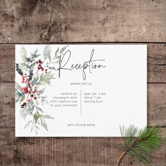 Rustic Winter Holly Berries & Snow Reception Enclosure Card (Rustic Winter Holly Berries & Snow Wedding Reception Card)