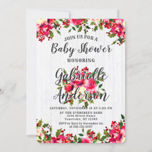 Rustic Winter Holly & Berry Baby Shower Invitation
