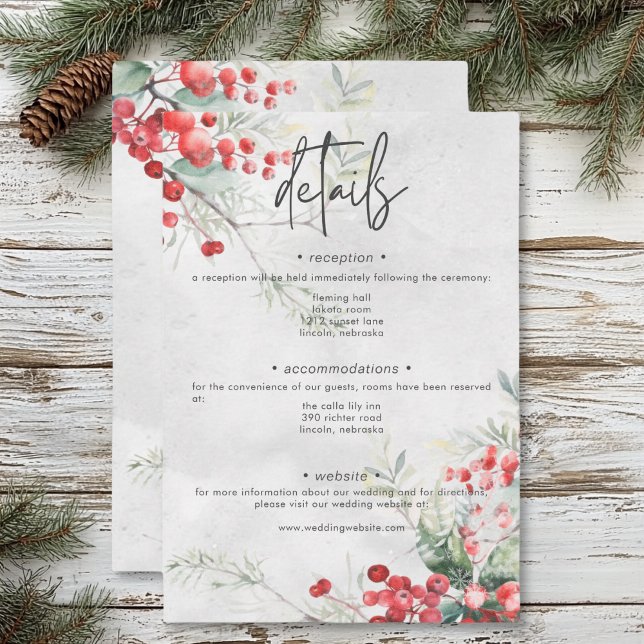 Rustic Winter Holly & Pine Wedding Details Enclosure Card (Rustic Winter Holly & Pine Wedding Details Enclosure Card)