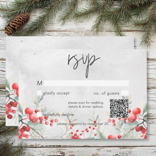 Rustic Winter Holly & Pine Wedding QR Code RSVP Card (Rustic Winter Holly & Pine Wedding QR Code RSVP Card)