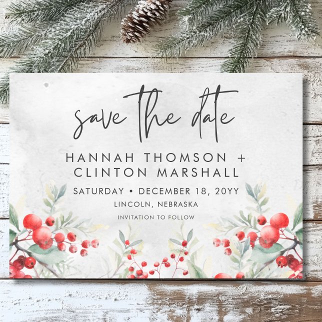 Rustic Winter Holly & Pine Wedding Save The Date (Rustic Winter Holly & Pine Wedding Save The Date)