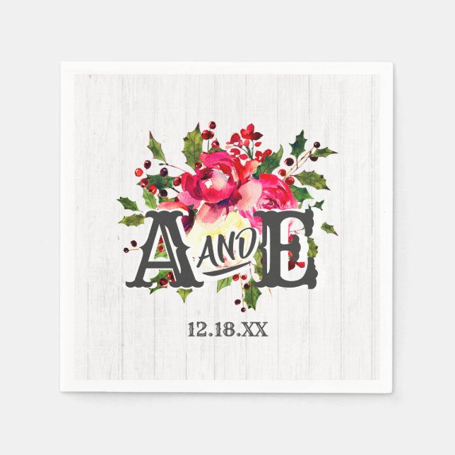 Rustic Winter Holly White Wood Wedding Monogram Napkin (Front)