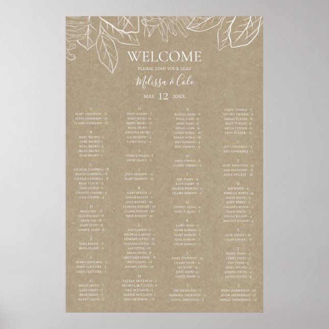 Rustic Winter Kraft Alphabetical Seating Chart (Front)