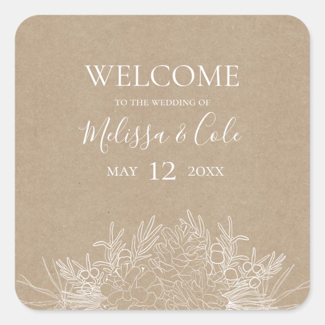 Rustic Winter | Kraft Wedding Welcome Square Sticker (Front)