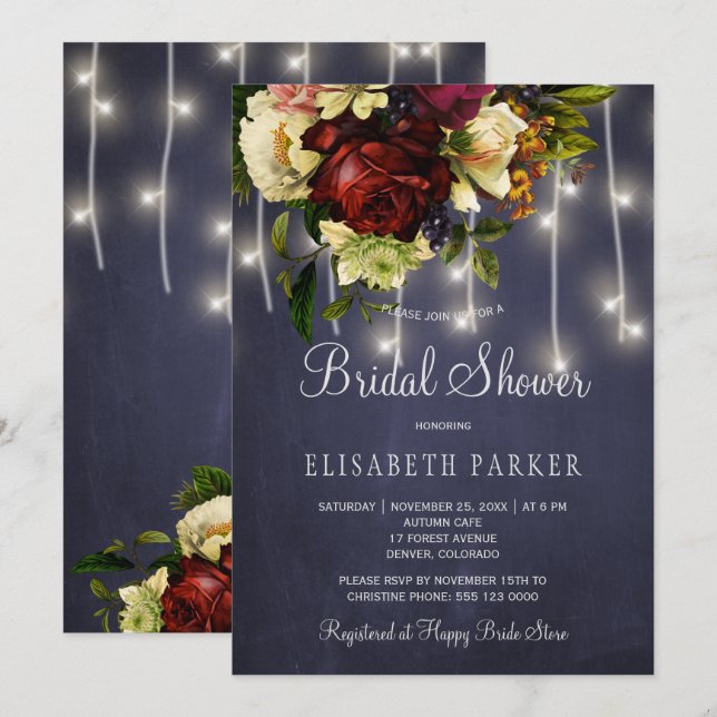 Rustic winter lights navy burgundy bridal shower invitation (Front/Back)