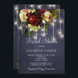 Rustic winter lights navy burgundy bridal shower invitation<br><div class="desc">Rustic winter wonderland bridal shower chic invitation with beautiful red burgundy and ivory cream flowers with green foliage,  strings of twinkle lights and a trendy handwritten typography script over a dark midnight navy blue chalkboard background.            Suitable for seasonal winter holidays Christmas floral themed,  mountains resort or farmhouse bridal parties.</div>