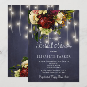 Rustic winter lights navy burgundy bridal shower invitation
