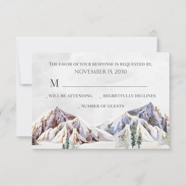 Rustic Winter Mountain Forest Wedding RSVP (Front)