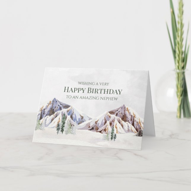 Rustic Winter Mountain Happy Birthday Nephew Card (Front)