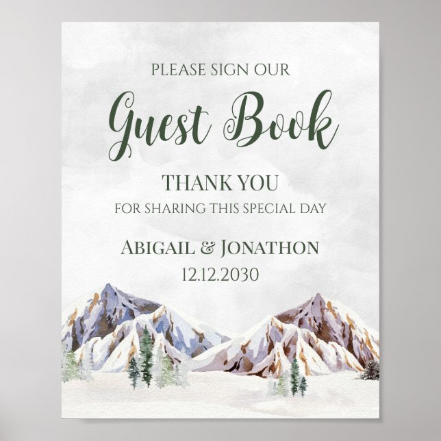 Rustic Winter Mountain Wedding Guest Book Sign (Front)