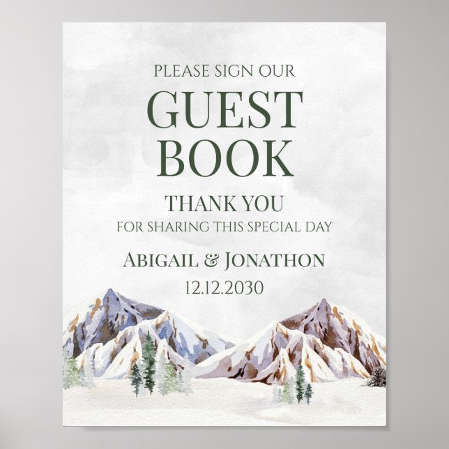 Rustic Winter Mountain Wedding Guest Book Sign (Front)