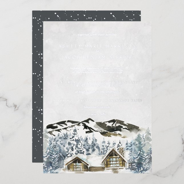 Rustic Winter Mountain Wedding Invitation (Front/Back)