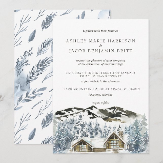 Rustic Winter Mountain Wedding Invitation (Front/Back)