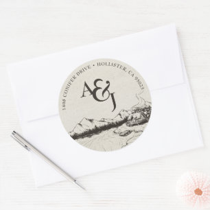 Rustic Winter Mountain Wedding Monogram Classic Round Sticker