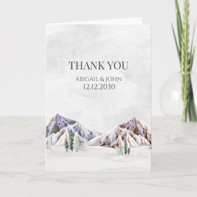 Rustic Winter Mountain Wedding Thank You Card (Front)