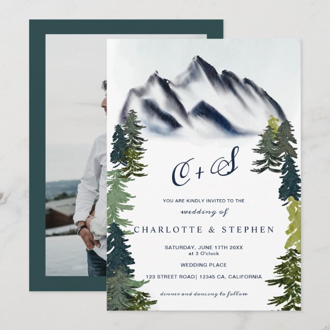 Rustic winter mountains forest photo wedding invitation (Front/Back)