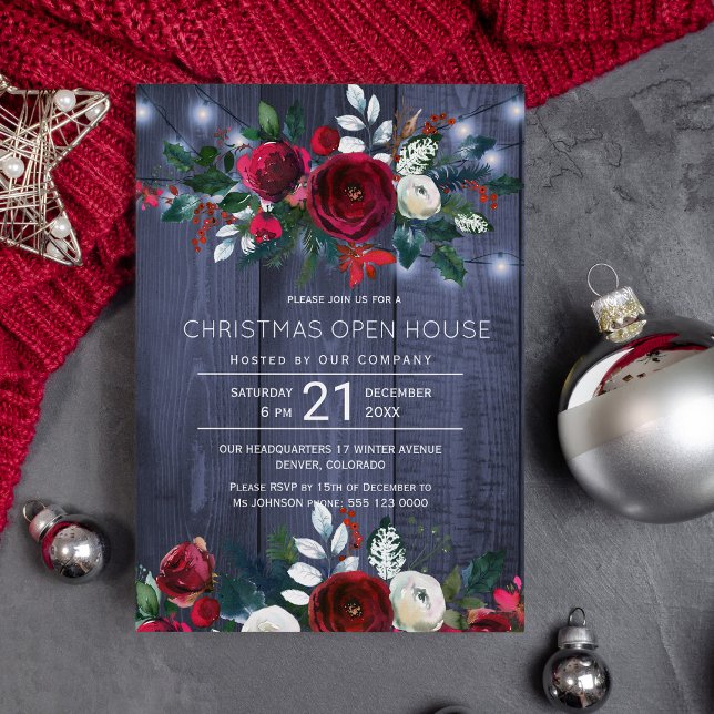 Rustic Winter Navy Red Floral Christmas Open House Invitation (Creator Uploaded)