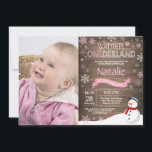 Rustic Winter Onederland 1st Birthday Invitation<br><div class="desc">Rustic Winter Onederland 1st Birthday Invitation with custom photo. Snowman. Pink and White Snowflake. First Birthday. Girl 1st Bday Invite. Rustic Wood Background. Black and White. For further customisation,  please click the "Customise it" button and use our design tool to modify this template.</div>