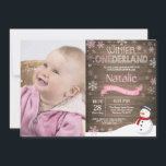 Rustic Winter Onederland 1st Birthday Invitation<br><div class="desc">Rustic Winter Onederland 1st Birthday Invitation with custom photo. Snowman. Pink and White Snowflake. First Birthday. Girl 1st Bday Invite. Rustic Wood Background. Black and White. For further customisation,  please click the "Customise it" button and use our design tool to modify this template.</div>