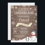 Rustic Winter Onederland 1st Birthday Invitation<br><div class="desc">Rustic Winter Onederland 1st Birthday Invitation. Snowman and Penguin. Yellow and White Snowflake. First Birthday. Boy or Girl 1st Bday Invite. Rustic Wood Background. Black and White. For further customisation,  please click the "Customise it" button and use our design tool to modify this template.</div>