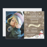 Rustic Winter Onederland 1st Birthday Invitation<br><div class="desc">Rustic Winter Onederland 1st Birthday Invitation with custom photo. Snowman and Penguin. Yellow and White Snowflake. First Birthday. Boy or Girl 1st Bday Invite. Rustic Wood Background. Black and White. For further customisation,  please click the "Customise it" button and use our design tool to modify this template.</div>
