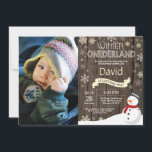 Rustic Winter Onederland 1st Birthday Invitation<br><div class="desc">Rustic Winter Onederland Snowman 1st Birthday Invitation with custom photo. Baby Boy or Girl. Yellow and White Snowflake. First Birthday. Boy or Girl 1st Bday Invite. Rustic Wood Background. For further customisation,  please click the "Customise it" button and use our design tool to modify this template. 㐰</div>