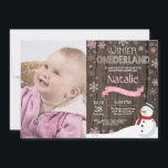 Rustic Winter Onederland 1st Birthday Invitation<br><div class="desc">Rustic Winter Onederland Snowman 1st Birthday Invitation with custom photo. Baby Girl. Pink and White Snowflake. First Birthday. Girl 1st Bday Invite. Rustic Wood Background. For further customisation,  please click the "Customise it" button and use our design tool to modify this template.</div>