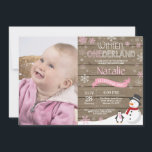 Rustic Winter Onederland 1st Birthday Invitation<br><div class="desc">Rustic Winter Onederland 1st Birthday Invitation with custom photo. Snowman and Penguin. Pink and White Snowflake. First Birthday. Girl 1st Bday Invite. Rustic Wood Background. For further customisation,  please click the "Customise it" button and use our design tool to modify this template.</div>