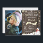 Rustic Winter Onederland 1st Birthday Invitation<br><div class="desc">Rustic Winter Onederland 1st Birthday Invitation with custom photo. Snowman and Penguin. Yellow and White Snowflake. First Birthday. Boy or Girl 1st Bday Invite. Rustic Wood Background. Black and White. For further customisation,  please click the "Customise it" button and use our design tool to modify this template.</div>