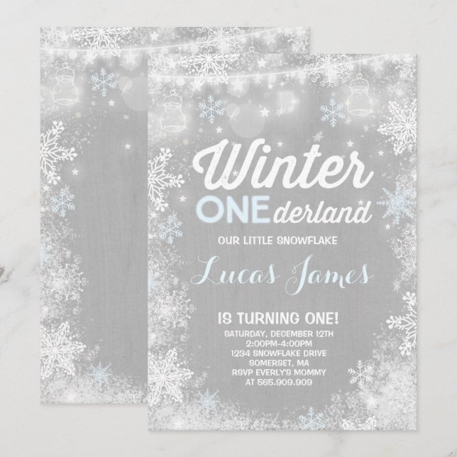 Rustic Winter ONEderland Birthday Invitation Blue (Front/Back)