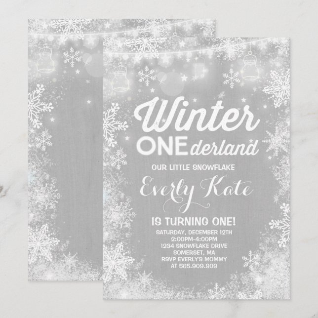 Rustic Winter ONEderland Birthday Invitation White (Front/Back)