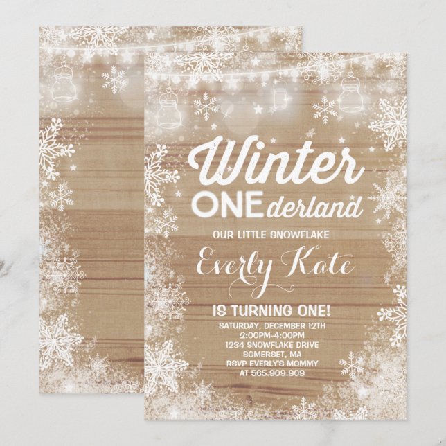 Rustic Winter ONEderland Birthday Invitation White (Front/Back)