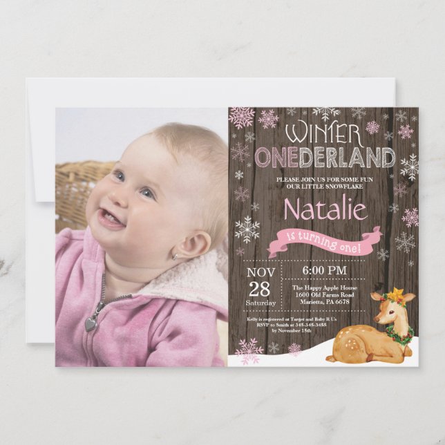Rustic Winter Onederland Deer 1st Birthday Invitation (Front)