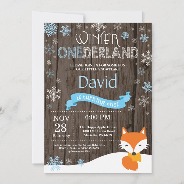 Rustic Winter Onederland Fox 1st Birthday Invitation (Front)