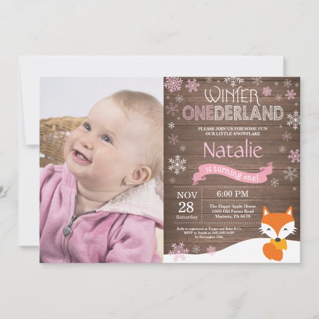 Rustic Winter Onederland Fox 1st Birthday Invitation (Front)