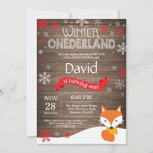 Rustic Winter Onederland Fox 1st Birthday Invitation (Front)