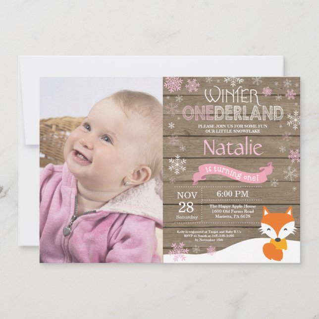 Rustic Winter Onederland Fox 1st Birthday Invitation (Front)