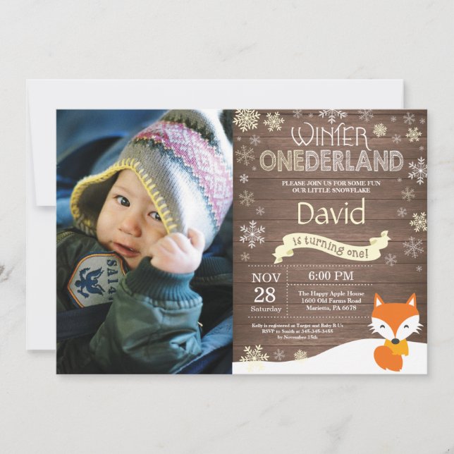 Rustic Winter Onederland Fox 1st Birthday Invitation (Front)