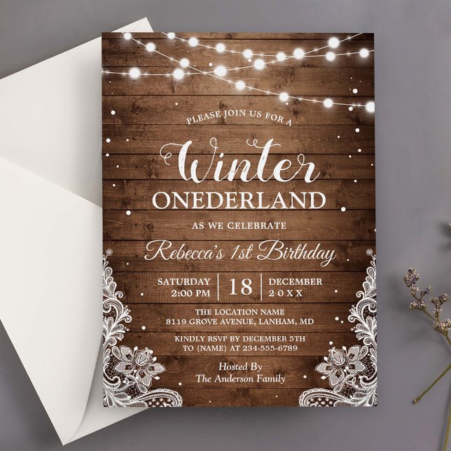 Rustic Winter ONEderland Lace Baby First Birthday Invitation (Creator Uploaded)