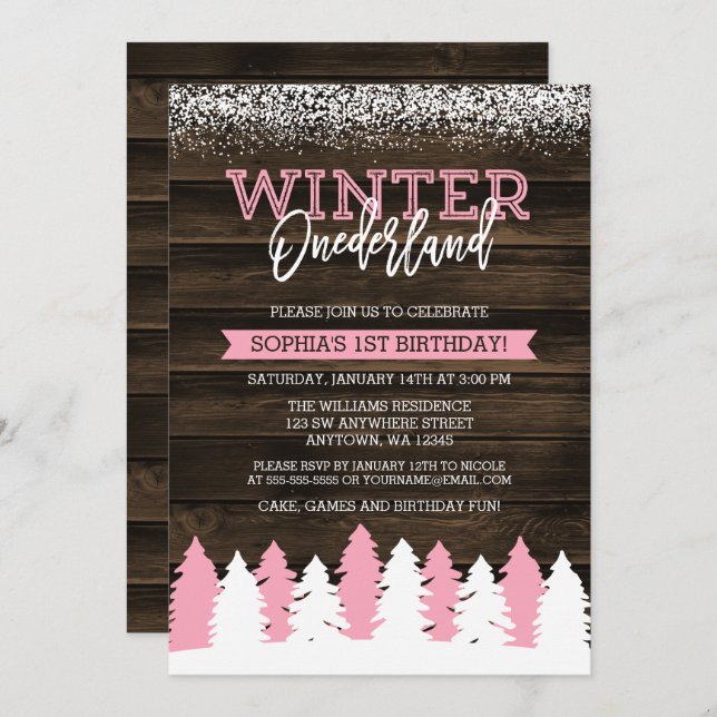 Rustic Winter Onederland Pink 1st Birthday Invite (Front/Back)