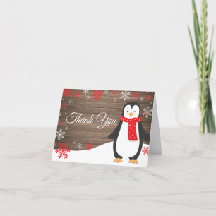 Rustic Winter Penguin Red Snowflake Thank You Card